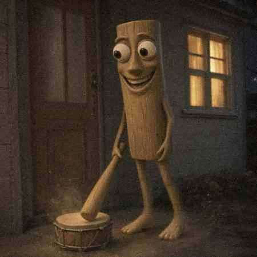 Tum Tum Sahur smashing his bat on a drum in front of a house at night