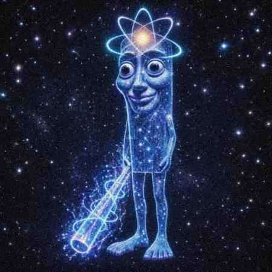 Quantum Tum Tum Sahur in full form, a body made of stars with an atom halo and a glowing energy bat